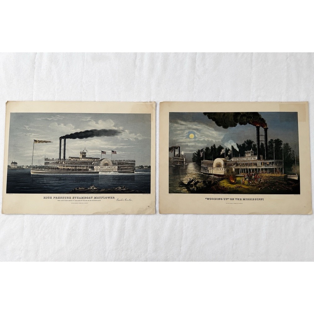 Pair‎ Vintage Currier & Ives Mississippi River Steamboat Prints Mayflower 13x17